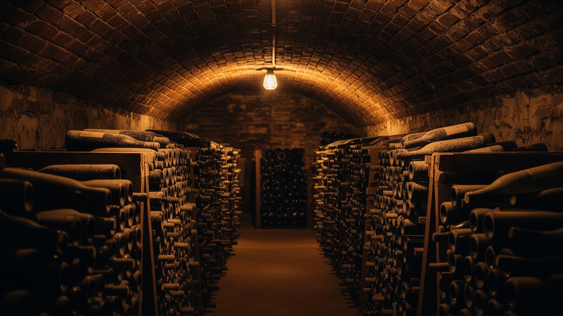 Subterranean wine storage in West Hills, San Fernando Valley — rows of aged bottles