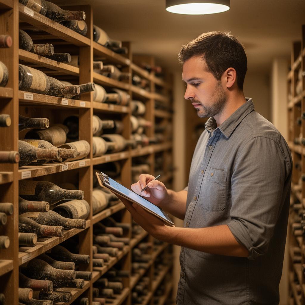 Wine storage manager checking inventory on a tablet beside racked bottles in a West Hills cellar